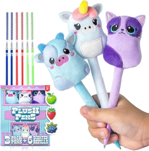 BUNMO Plush Cute Pens 3-Pack - Squishy Animal Pens with Scented Glitter Ink Refills | Cat, Cow, Unicorn