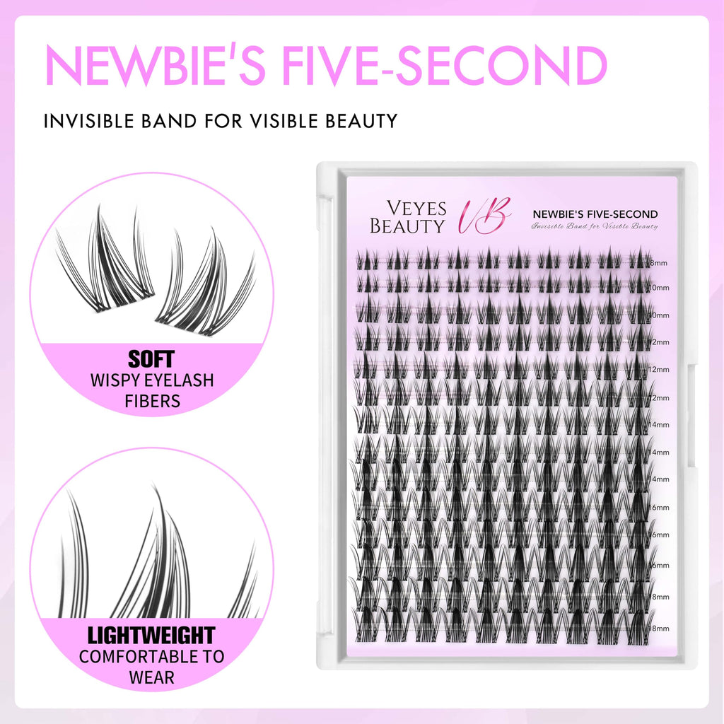 VEYESBEAUTY Manga Lash Clusters Eyelash Extensions Thin & Invisible Band DIY Individual False Eyelashes Newbie's Five-Second Series Wispy Lash Tray for Self-application, Lashes 8-18mm Mixed Length