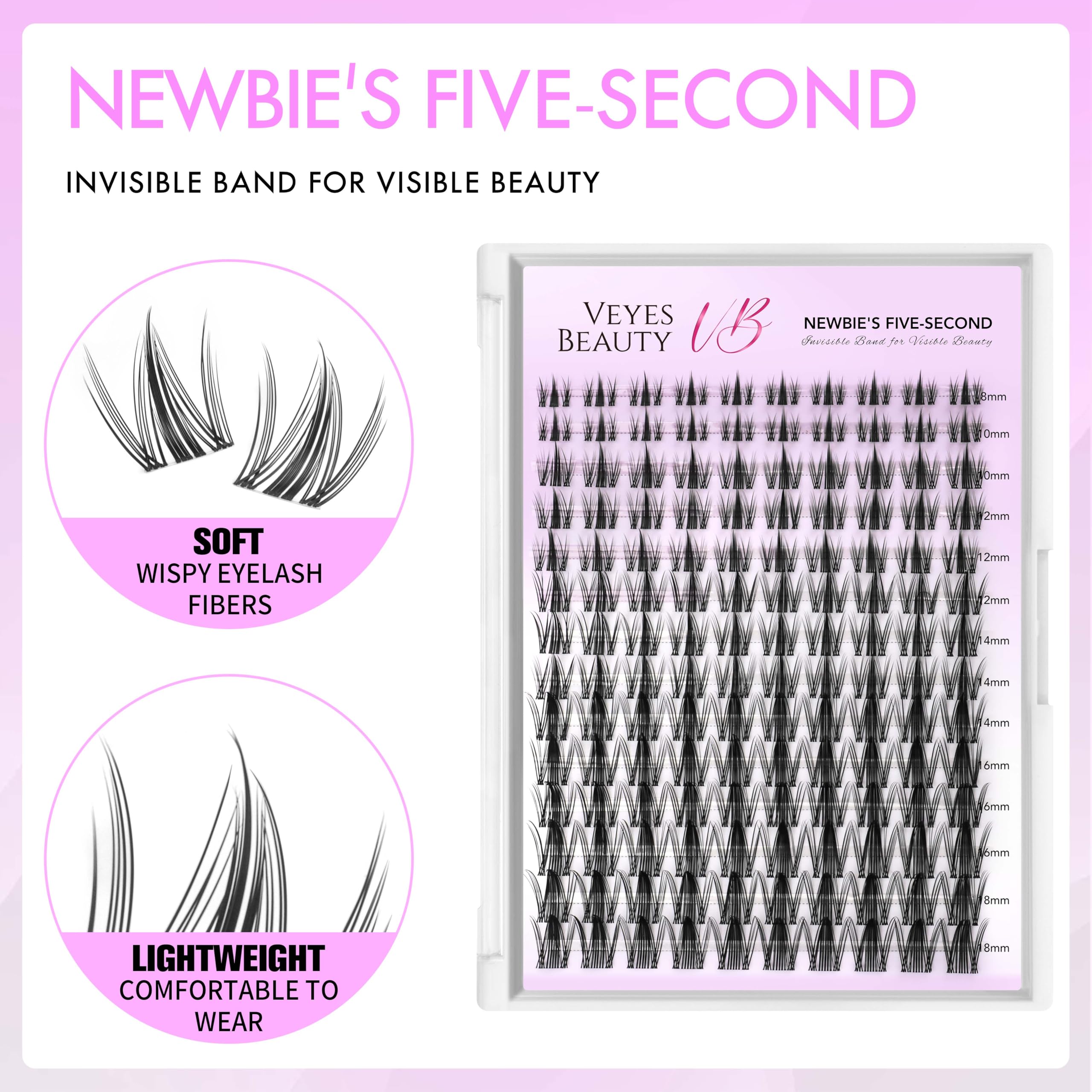 VEYESBEAUTY Manga Lash Clusters Eyelash Extensions Thin & Invisible Band DIY Individual False Eyelashes Newbie's Five-Second Series Wispy Lash Tray for Self-application, Lashes 8-18mm Mixed Length