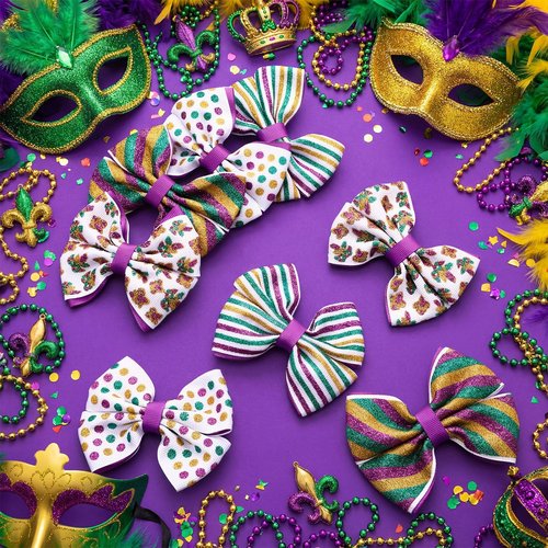 Suncalla 8 Pcs Mardi Gras Hair Bow Clip Glitter Purple Yellow Green Mask Hair Accessories Alligator Clip Bow for Mardi Gras Carnival Circus Party Costume Supplies Women Gifts