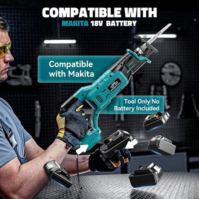 Cerycose Cordless Reciprocating Saw - Compatible with Makita 18V Battery | Variable Speed, 4 Blades for Metal, Wood, PVC