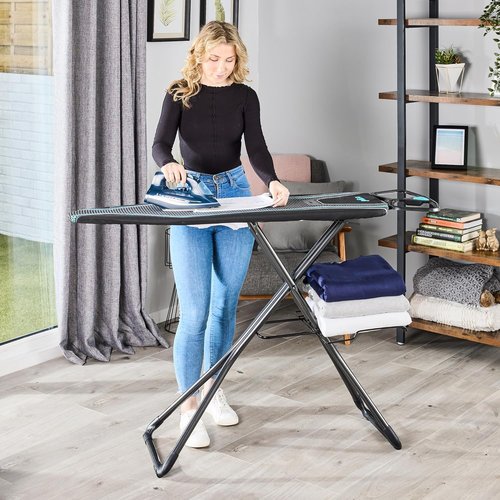 Minky Homecare Ergo Plus Prozone Ironing Board - Full Size Freestanding Table with Heat Reflective Cover | 48" x 15" (Gunmetal & Blue)