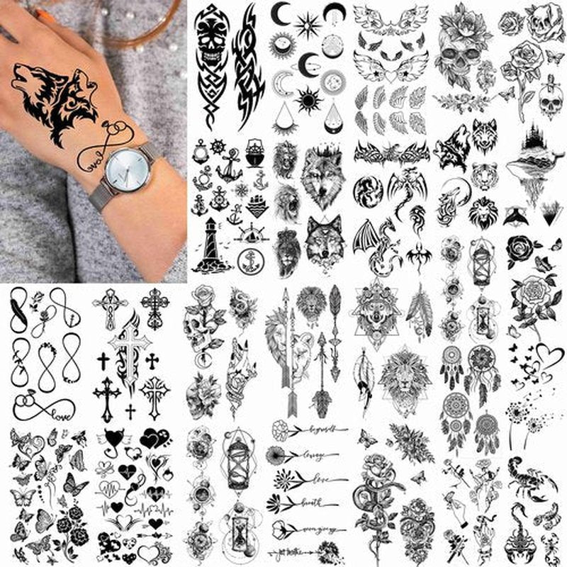 FANRUI 52 Sheets Creative Black Tiny Crown Infinity Triangle Fake Tattoos For Men Women Realistic Stars Letters Tattoos For Kids Temporary Waterproof Arm Hand Face Finger Neck Tatoo Stickers