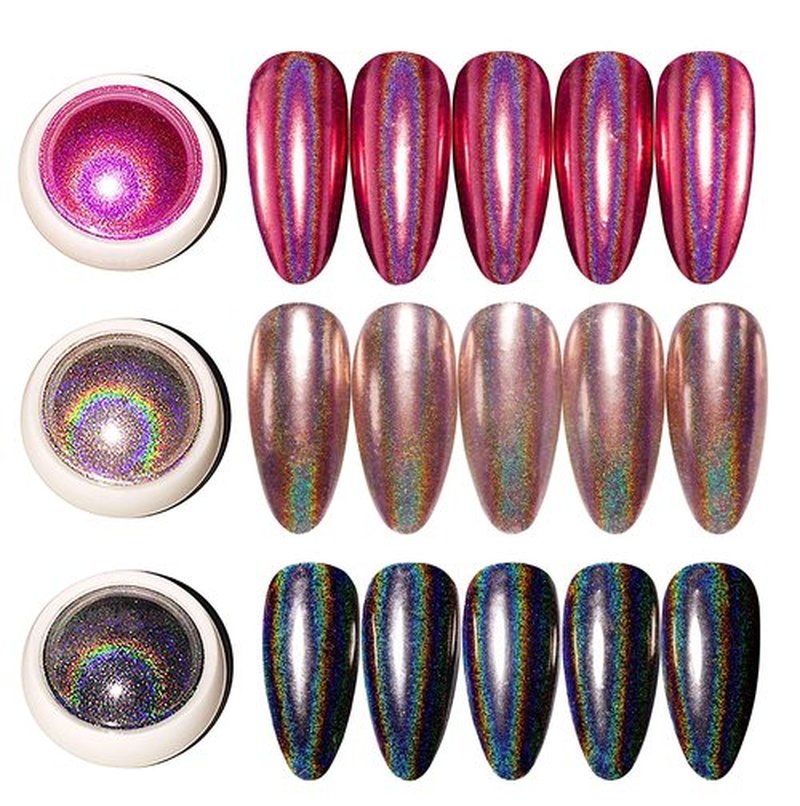 3 Colors Holographic Nail Powder Pack- Rose Gold/Passion Pink/Black Chrome Holographic Effect- 0.4g/ Jar