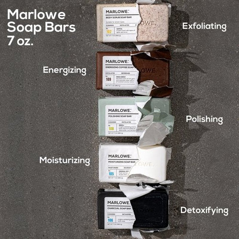 MARLOWE. No. 109 Coffee Bar Soap 7 oz, Body Scrub Soap for Men, Refreshing, Energizing & Exfoliating with Natural Extracts, Caffeine, Coffee Beans & Cocoa Butter, Fresh Brewed Scent