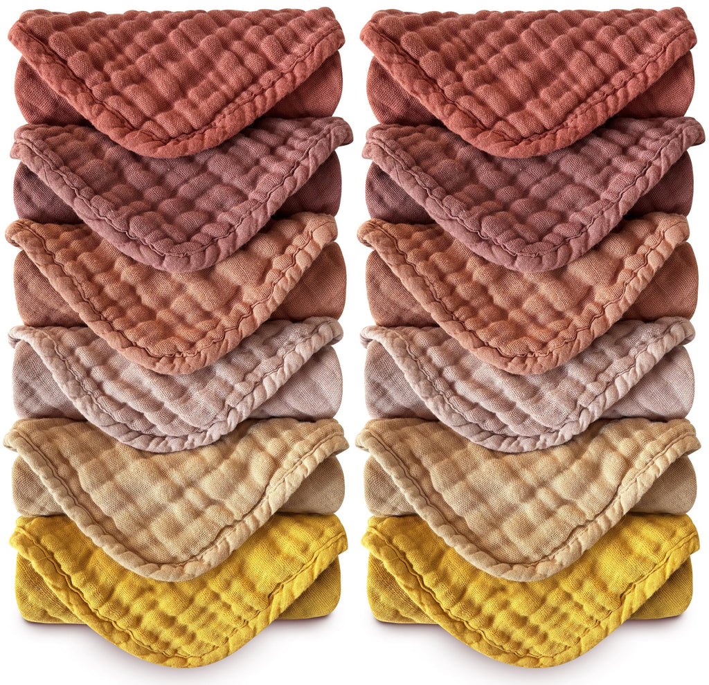 MOON PARK Baby Washcloths, 12 Pack - 12x12 Inches, Small Burp Cloths and Baby Wipes - 100% Cotton Muslin Ultra Soft for Newborn, Infant and Toddlers - Brown, Honey and Bean Paste Series