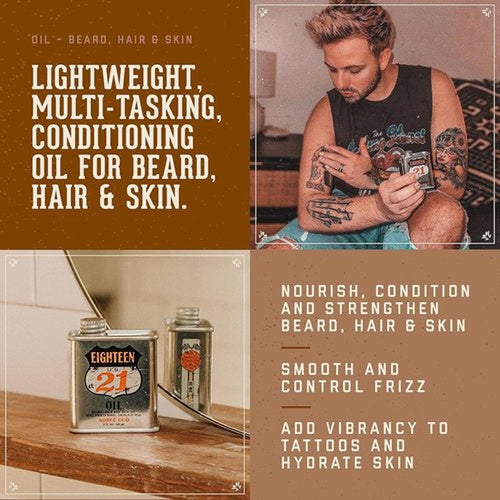 18.21 Man Made Hair, Skin & Beard Oil - Non-Greasy Conditioning Balm with Castor, Jojoba & Argan Oils | Premium Tattoo & Mustache Care