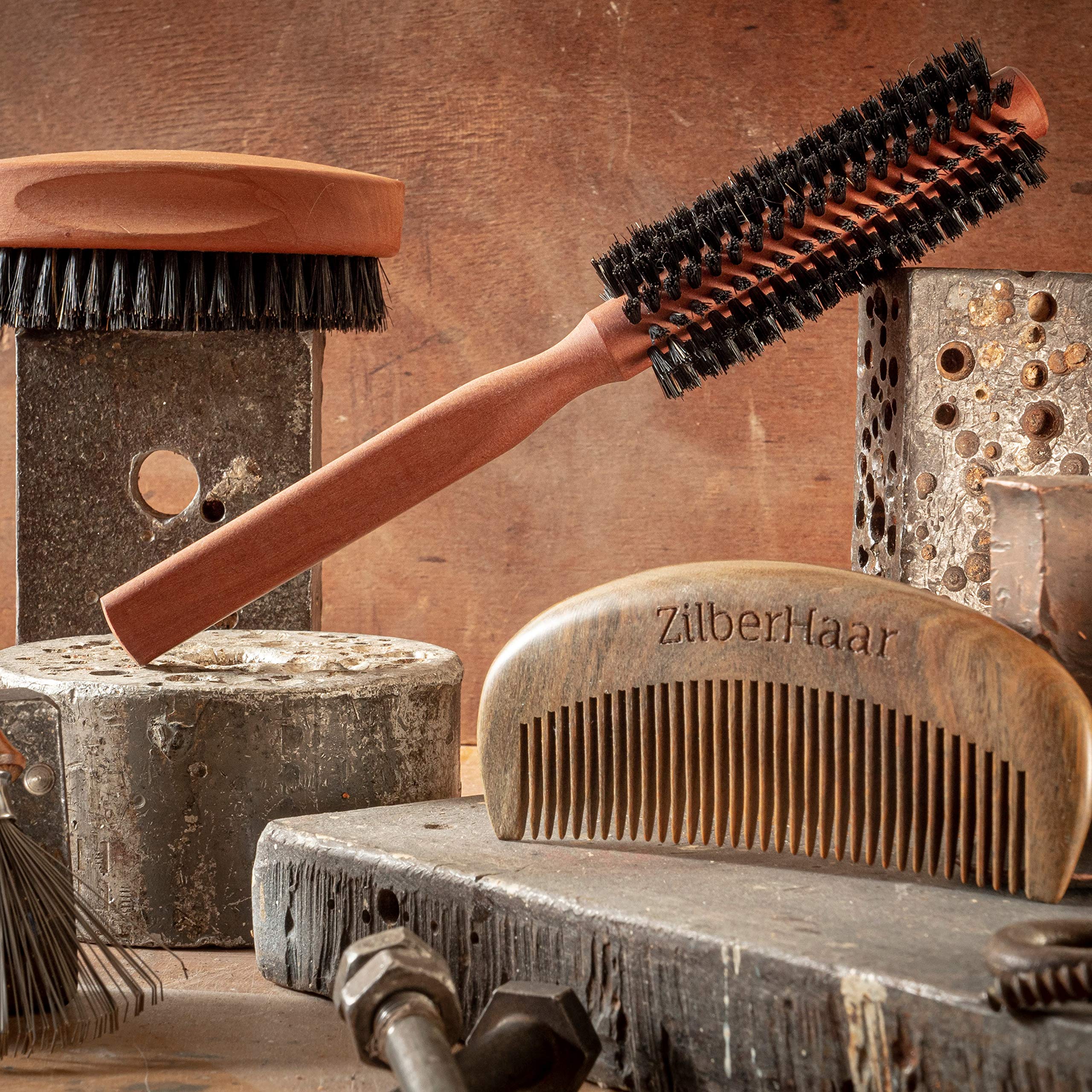ZilberHaar - Styler Hair and Beard Round Brush - 1.3 Inch Stiff Boar Bristles and 8.5 Inch Pearwood Handle - 222 Plugs of Bristles - Beard Grooming Brush for Men