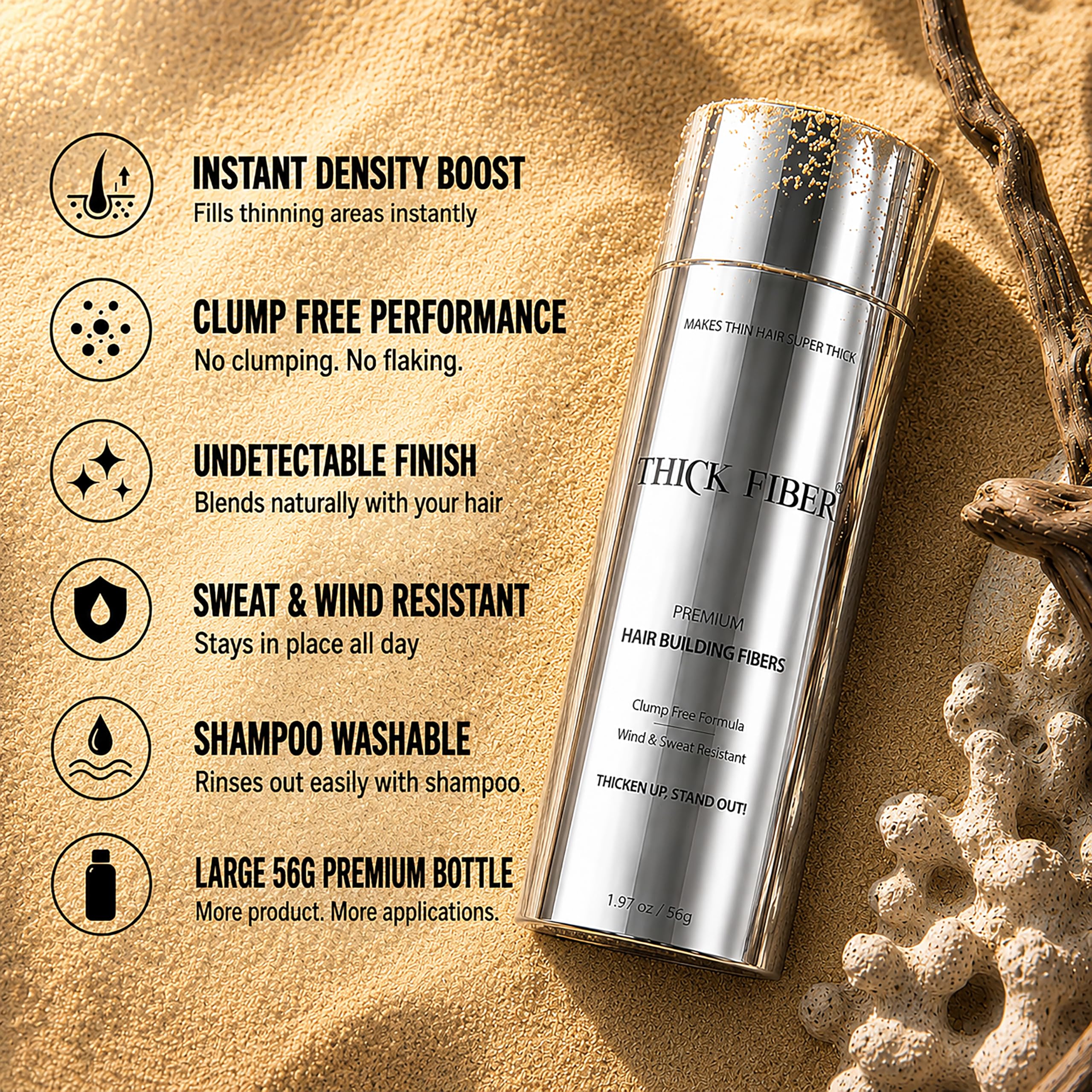 THICK FIBER Hair Fibers for Women & Men with Thinning Hair, (Medium Brown), 56g, Hair Loss Concealer, Covers Bald Spots, Hairline & Sparse Areas, Natural Fuller Looking Hair