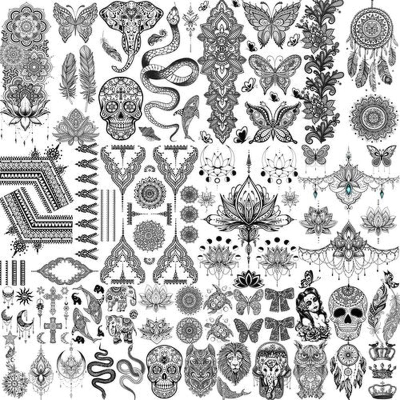 Bilizar 32 Sheets 89+ PCS Black Lotus Temporary Tattoos For Women Hands Adults Underboob, Tribal Indian Elephant Skull Snake Fake Tattoos, Bulk Bohemia Butterfly Tattoo Kit Sets Mandala Flower Moon