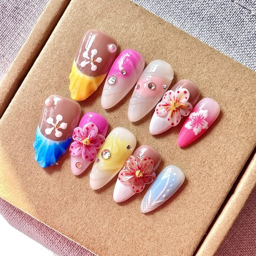 Handmade Press On Nails 3D Floral Medium Almond Shaped Artistic Design Acrylic Pink Stick-On Nails | Durable, Unique, Salon-Quality False Nails (Pink, M)