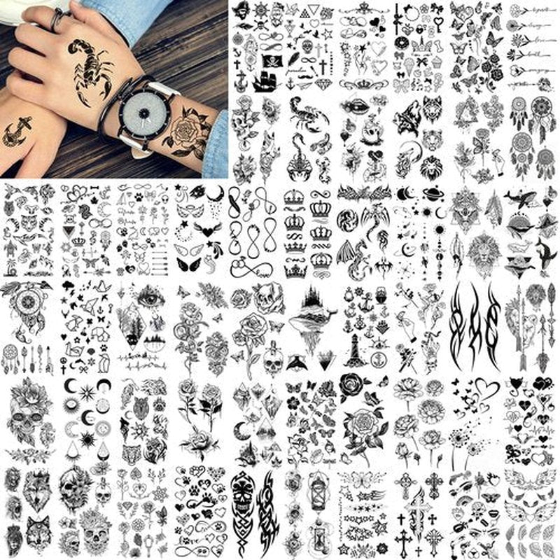 FANRUI 52 Sheets Creative Black Tiny Crown Infinity Triangle Fake Tattoos For Men Women Realistic Stars Letters Tattoos For Kids Temporary Waterproof Arm Hand Face Finger Neck Tatoo Stickers