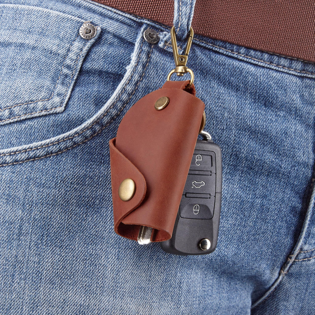 MAKYN Leather Wrap Keychain, Key Holder Pouch Keychain, Car Key Holder, Motorcycle Key Holder Organizer, Key Holder with Keyring (Cognac)