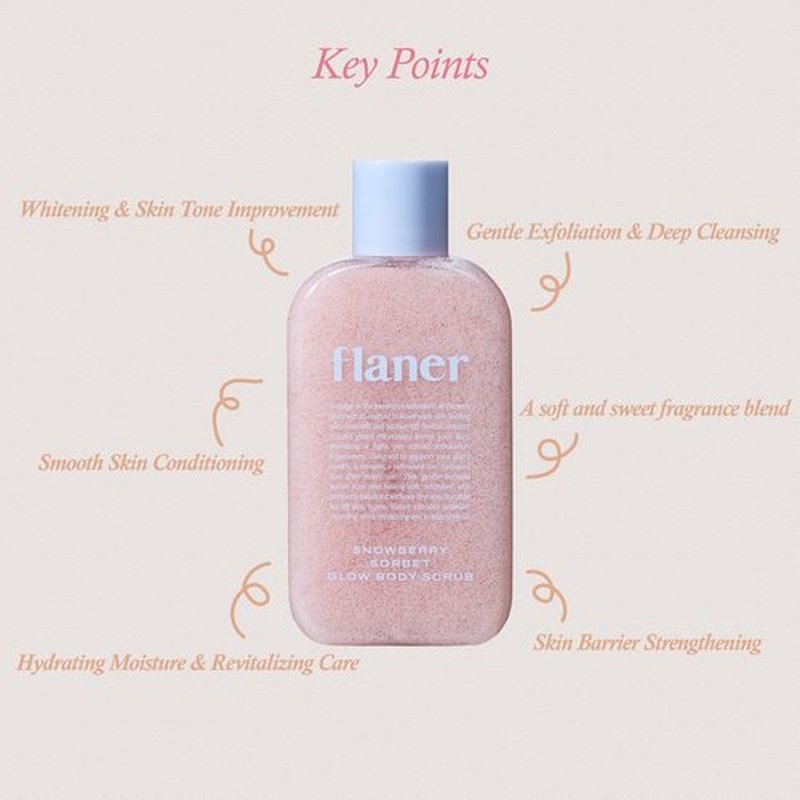 FLANER Snowberry Sorbet Glow Body Scrub – Gentle Exfoliating Scrub, Brightening & Hydrating Formula with 9,800ppm of White Strawberry Water and Niacinamide, Korean Body Wash for Silky Soft Skin