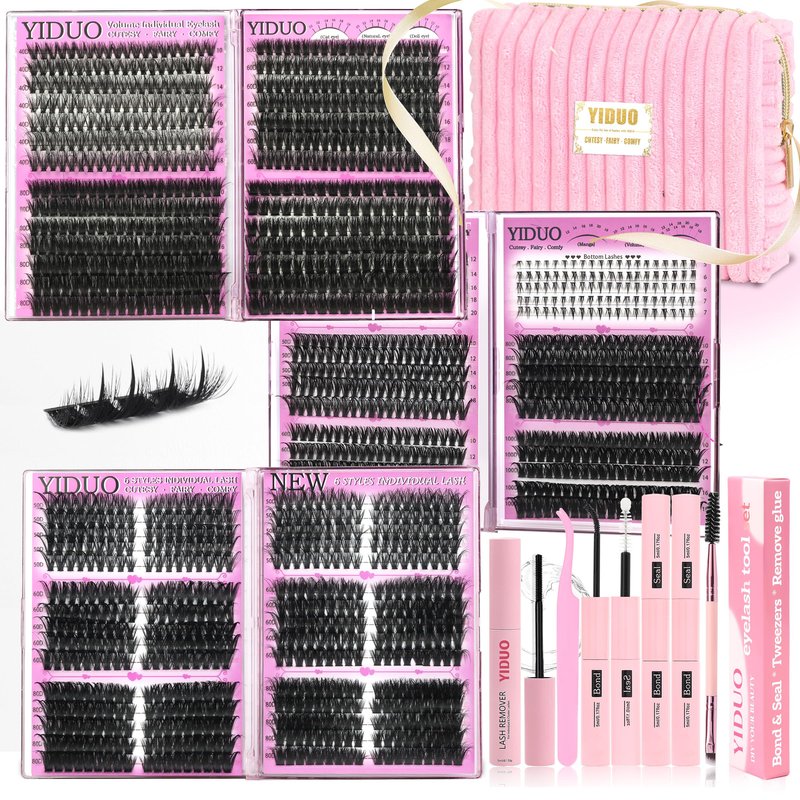 YIDUO Lash Cluster Kit Makeup Bag Set 1686pcs 40D+50D+60D+80D+100+Spikes+Bottom Full Eyelash Cluster Kit Volume Wispy DIY Lashes Extensions 10-20mm D Curl False Eyelash with 2X Bond&Seal DlY at Home
