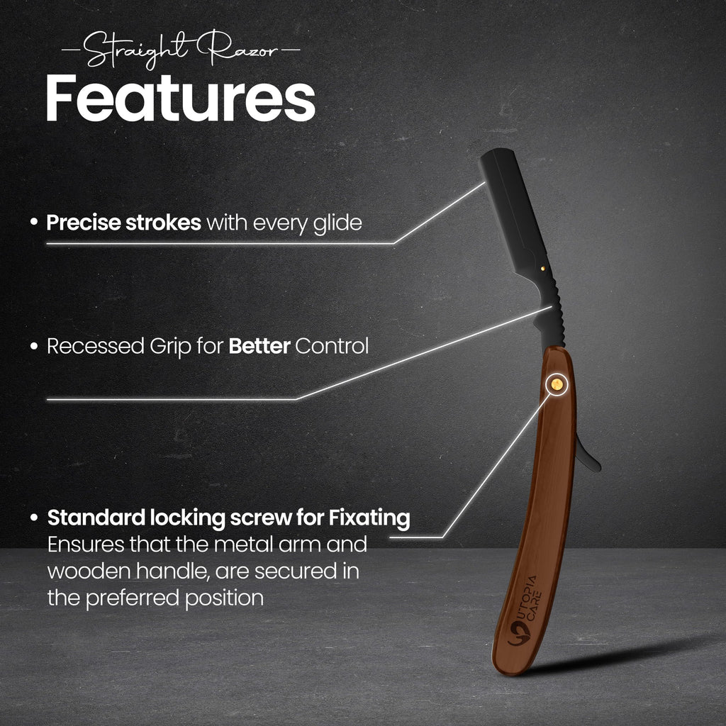 Utopia Care Straight Razors For Men, Professional Barber Straight Edge Razor with 100 Single Edge Blades, Stainless Steel, Beard Shaving Kit For Men, Premium Smooth Wooden Grip, Dark Brown