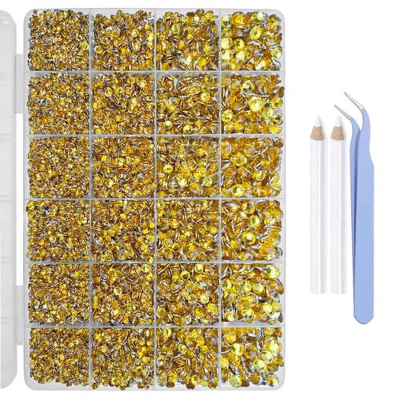 16000 Pieces Gold Yellow Non Hotfix Flat Back Gems Round Resin Rhinestones Kit 4 Mixed Sizes（3-6mm） with Picking Pen and Tweezer for Nails Crafts Makeup Eyes DIY Christmas Gift Clothes Phone Bottles