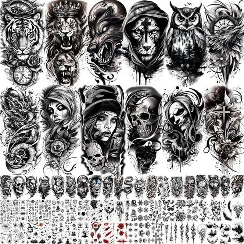 72 Sheets Temporary Tattoos for Men Women Adults - Black 3D Realistic Scary Animals Skulls Scars, Fake Tattoos Set for Halloween Cosplay Arm Sleeve Neck, Waterproof Long-Lasting Body Tattoo Sticker
