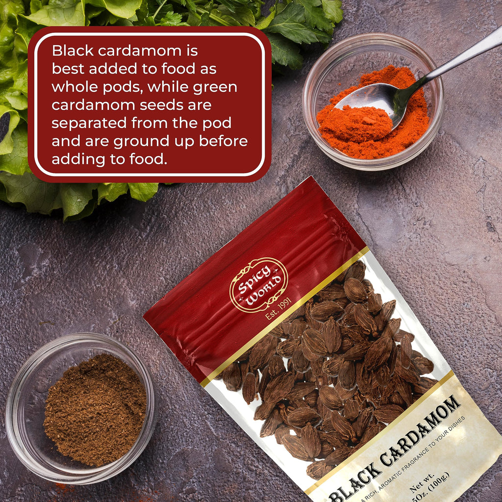 Black Cardamom Pods 3.5 Oz Bag (100gm) | Whole Kali Elaichi Indian Spice by Spicy World
