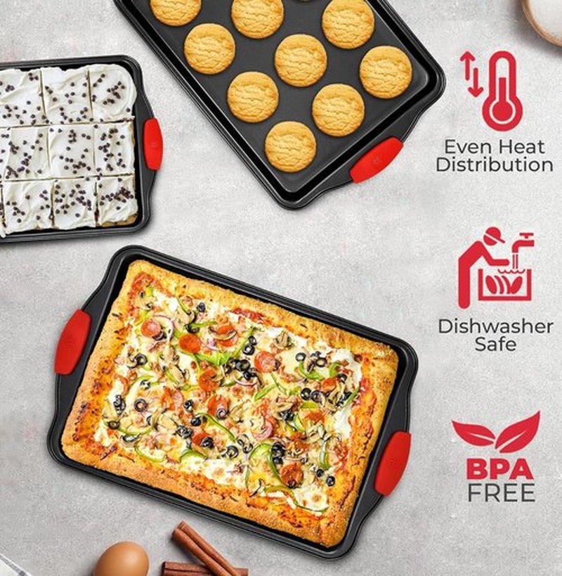 PERLLI Non-Stick Baking Pan Set - 3-Piece BPA-Free Carbon Steel with Silicone Handles | Oven Safe to 446°F