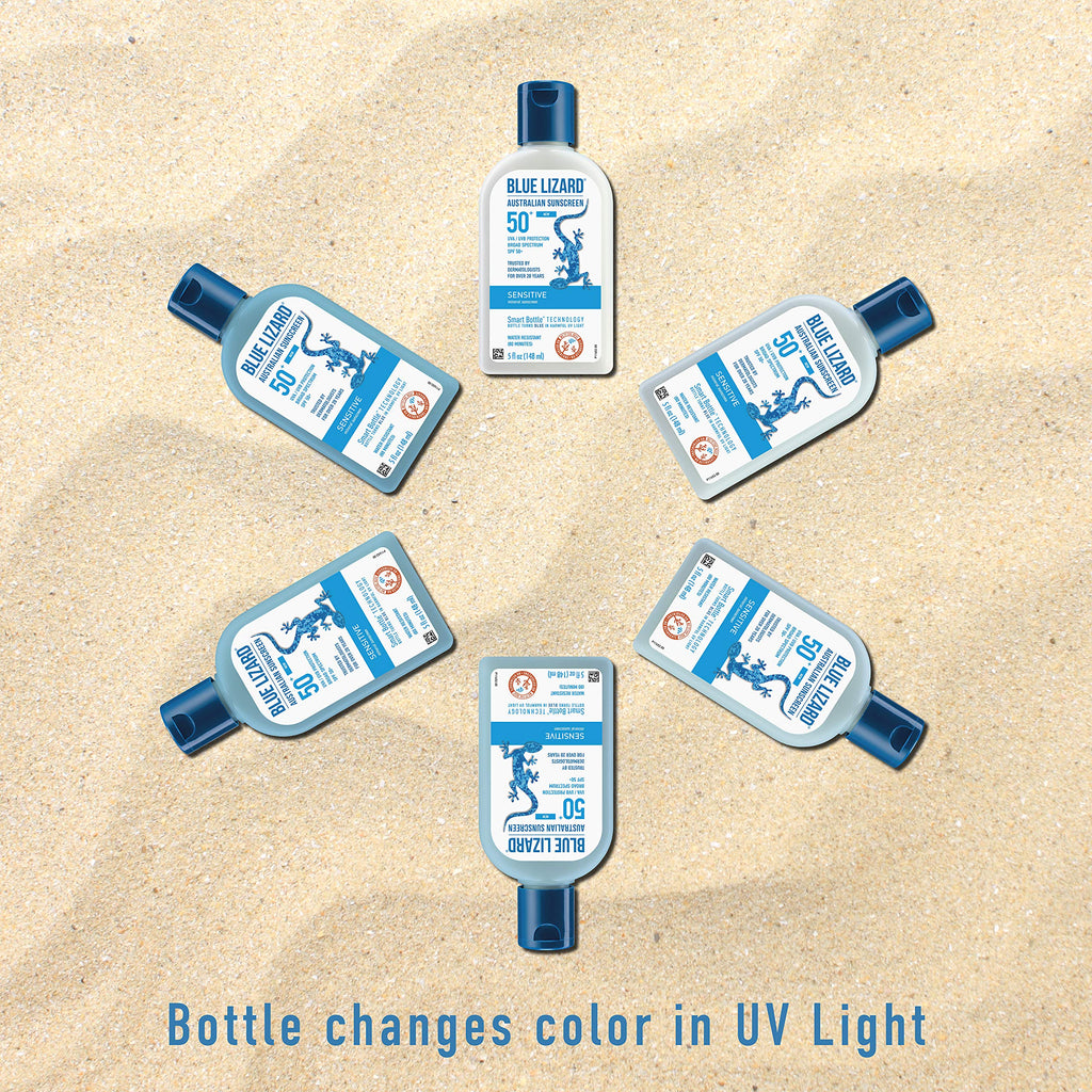 BLUE LIZARD Sensitive Mineral Sunscreen with Zinc Oxide, SPF 50+, Water Resistant, UVA/UVB Protection with Smart Bottle Technology - Fragrance Free, 5 oz