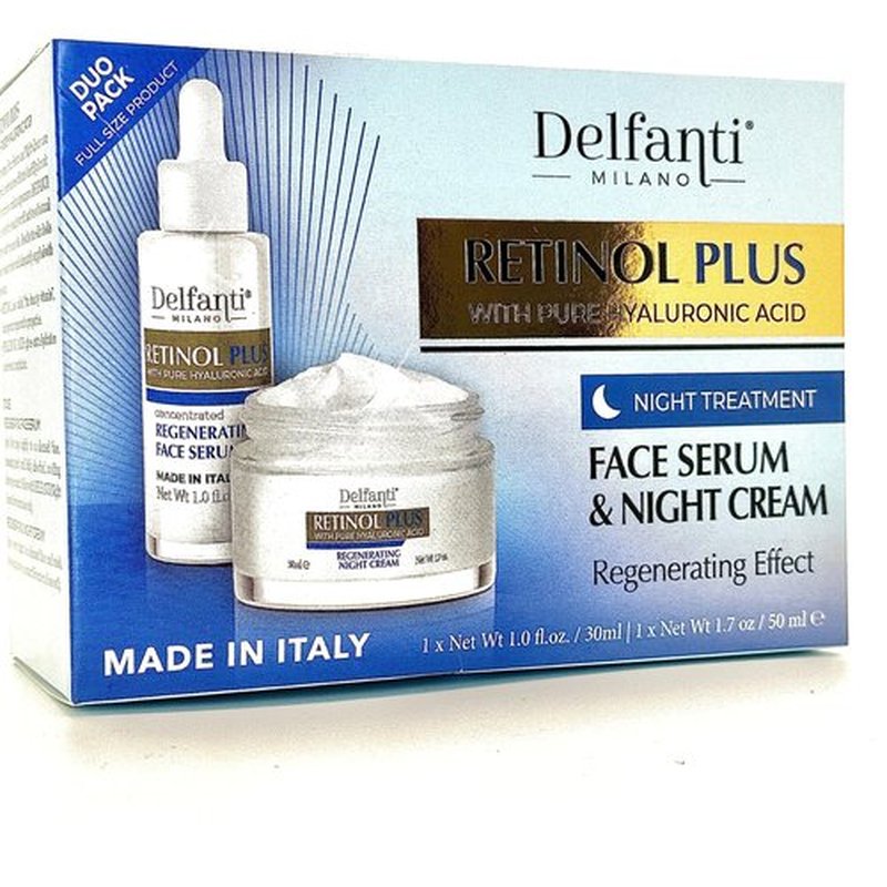 Delfanti Milano • RETINOL PLUS with pure HYALURONIC Acid • FULL SIZED NIGHT TREATMENT DUO PACK Concentrated Regenerating Serum and Night Cream for Face and Neck • Made in Italy